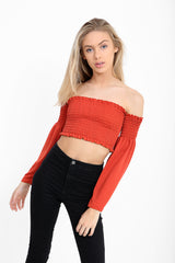 Long Sleeves Shirred Bardot Crop Top