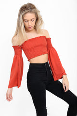 Long Sleeves Shirred Bardot Crop Top
