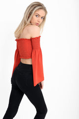 Long Sleeves Shirred Bardot Crop Top