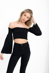 Long Sleeves Shirred Bardot Crop Top