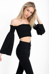 Long Sleeves Shirred Bardot Crop Top