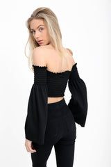 Long Sleeves Shirred Bardot Crop Top