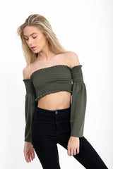 Long Sleeves Shirred Bardot Crop Top