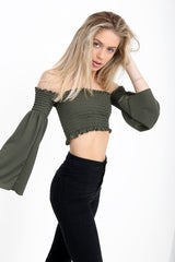 Long Sleeves Shirred Bardot Crop Top