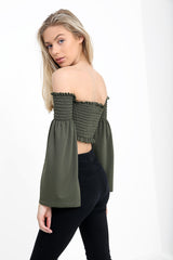 Long Sleeves Shirred Bardot Crop Top