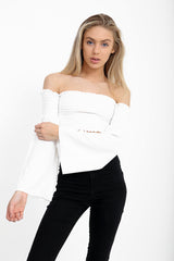 Long Sleeves Shirred Bardot Crop Top