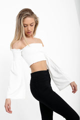 Long Sleeves Shirred Bardot Crop Top