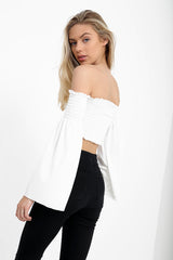 Long Sleeves Shirred Bardot Crop Top