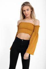 Long Sleeves Shirred Bardot Crop Top