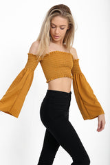 Long Sleeves Shirred Bardot Crop Top