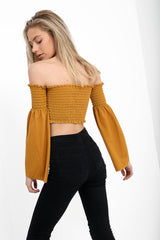 Long Sleeves Shirred Bardot Crop Top