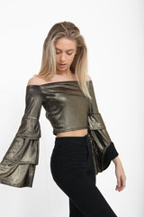 Metallic Layered Sleeve Bardot Crop Top