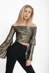 Metallic Layered Sleeve Bardot Crop Top