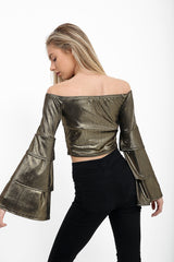 Metallic Layered Sleeve Bardot Crop Top