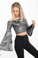 Metallic Layered Sleeve Bardot Crop Top