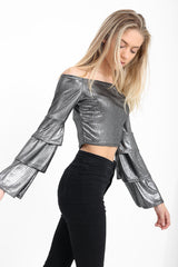 Metallic Layered Sleeve Bardot Crop Top