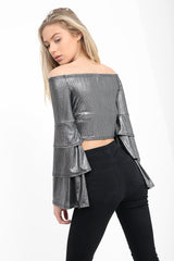 Metallic Layered Sleeve Bardot Crop Top
