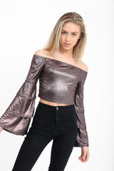 Metallic Layered Sleeve Bardot Crop Top