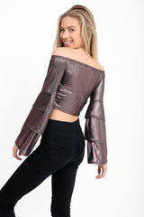 Metallic Layered Sleeve Bardot Crop Top