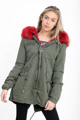 Faux Fur Lined Khaki Winter Parka Jacket