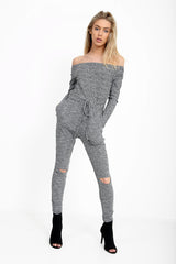 Slashed Knee Ribbed Bardot Lounge Jumpsuit