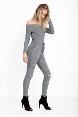 Slashed Knee Ribbed Bardot Lounge Jumpsuit