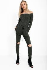 Slashed Knee Ribbed Bardot Lounge Jumpsuit