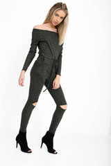 Slashed Knee Ribbed Bardot Lounge Jumpsuit