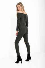Slashed Knee Ribbed Bardot Lounge Jumpsuit