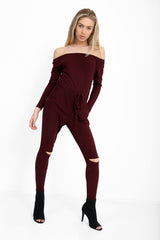 Slashed Knee Ribbed Bardot Lounge Jumpsuit