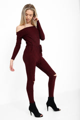 Slashed Knee Ribbed Bardot Lounge Jumpsuit
