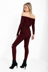 Slashed Knee Ribbed Bardot Lounge Jumpsuit