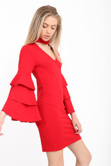Drievoudige franje mouw choker nek bodycon jurk