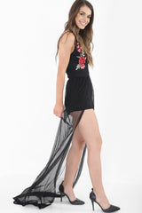 Rose Embroidered Mesh Hem Cami Playsuit
