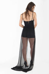 Rose Embroidered Mesh Hem Cami Playsuit