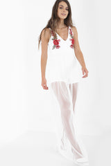 Rose Embroidered Mesh Hem Cami Playsuit
