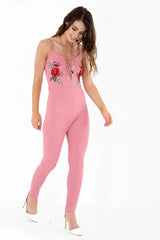 Floral geborduurde veter strappy jumpsuit