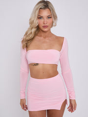 Slinky Long Sleeves Crop Top & Slit Mini Skirt Co-ord