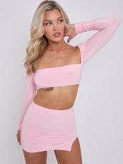 Slinky Long Sleeves Crop Top & Slit Mini Skirt Co-ord