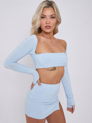 Slinky Long Sleeves Crop Top & Slit Mini Skirt Co-ord