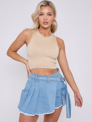 Buckle Detail Wrap Over Denim Skort