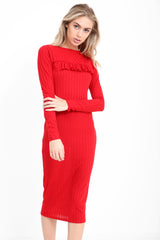 Ruched Frill Detail Ribbed Midi Dress