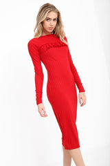 Ruched Frill Detail Ribbed Midi Dress