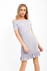 Frill Hem Ribbed Bardot Dress