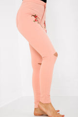 Knee Cut Floral Embroidered Denim Jeans