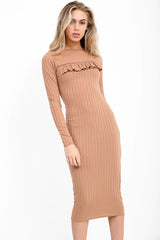 Ruched Frill Detail Ribbed Midi Dress