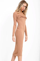 Ruched Frill Detail Ribbed Midi Dress