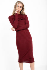 Ruched Frill Detail Ribbed Midi Dress