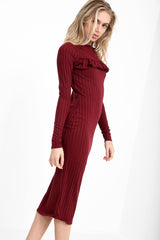 Ruched Frill Detail Ribbed Midi Dress