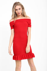 Frill Hem Ribbed Bardot Dress